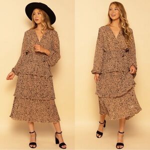 Long Sleeve Cheetah Animal Print Pleated Midi Dress Medium